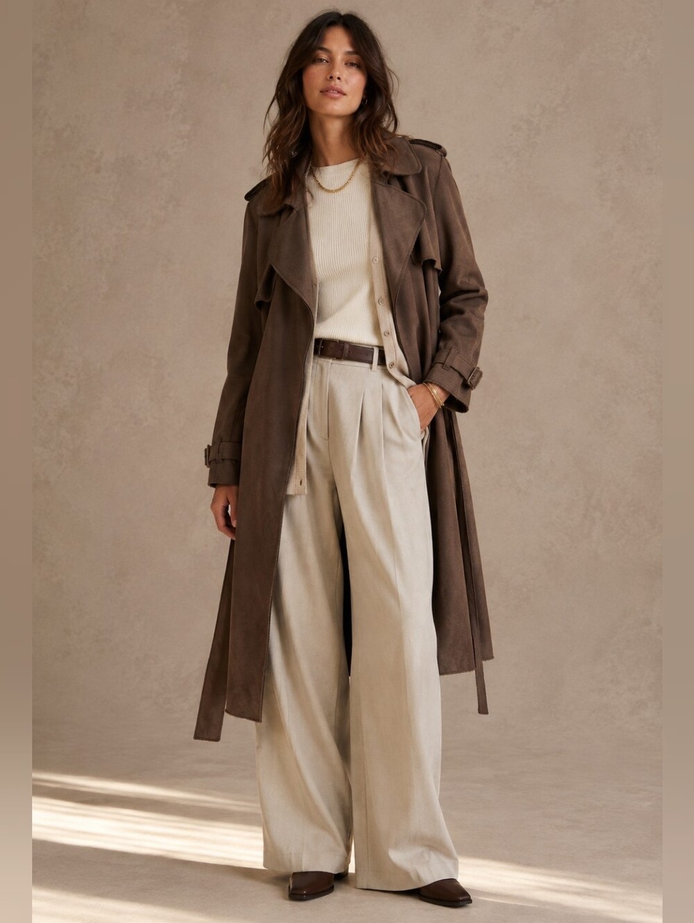 PHILOSOPHY CHOCOLATE BROWN FAUX SUEDE OPEN FRONT TRENCH COAT LARGE LIKE NEW!